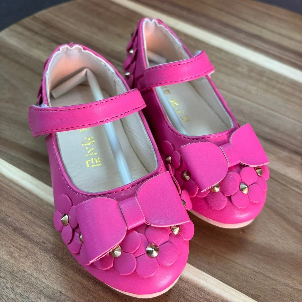 Girls Hot Pink Floral Bow Mary Jane Dress Shoes Studded